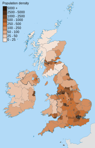 Map showing the population density of the British Isles in 2011, within the NUTS 3 subdivisions.